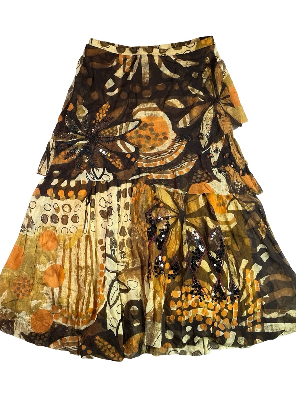 Fuzzi Boho Floral Tiered Maxi Skirt in Brown & Orange with sequins